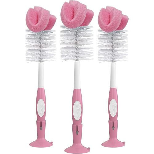 Dr. Brown's Reusable Sponge Baby Bottle Cleaning Brush Set with Suction Cup Stand, Scrubber and Nipple Cleaner, Pink, 3 Pack