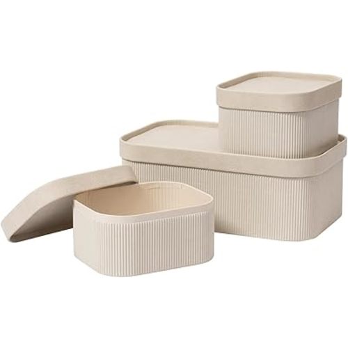 LA JOLIE MUSE Storage Basket Set of 3 with Leather Lids Fluted Cardboard - Light Grey