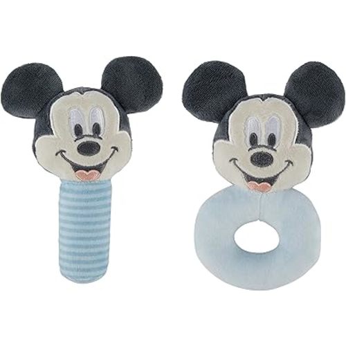 Disney Mickey Mouse Assorted Plush Lovie Rattle Set Pack of 2 - Soft and Cuddly Plush Material, Built-in Rattle for Sensory Stimulation,Vibrant Colors and Intricate Details
