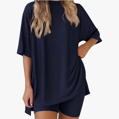 PRETTYGARDEN Women's Two Piece Lounge Set 2025 Summer Casual Oversized Shirts Biker Shorts Matching Airport Travel Outfit
