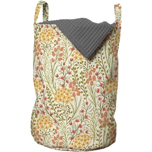 Ambesonne Flower Laundry Bag, Leaves Flowers Old Vintage Ivy Design with Plants Nature Theme Retro Art Print, Hamper Basket with Handles Drawstring Closure for Laundromats, 13" x 19", Green Multicolor