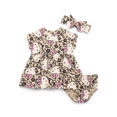 Hello Kitty Baby Girls All Over Print Dress and Diaper Cover with Matching Bow Headband, Sizes 0/3 Months-24 Months