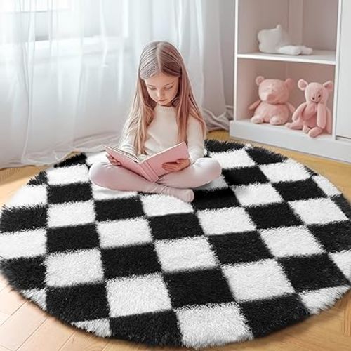 KICMOR Round Rugs 5ft for Bedroom Living Room, Black and White Fluffy Soft Circle Area Rug Fuzzy Shag Shaggy Plush Carpet, Indoor Checkered Circular Rug for Kids Room Nursery Home Decor Aesthetic