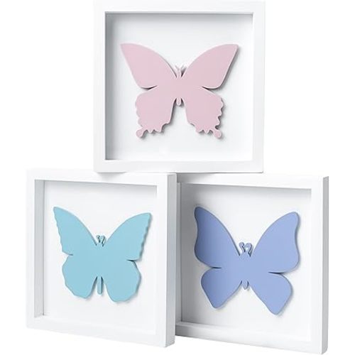 TideAndTales 3D Butterfly Room Decor for Girls, Set of 3 (7”x7”) Framed Wooden Wall Art for Nursery, Nature-Inspired Bedroom Decorations, Butterfly Decor for Baby Girl, Perfect Baby Gift