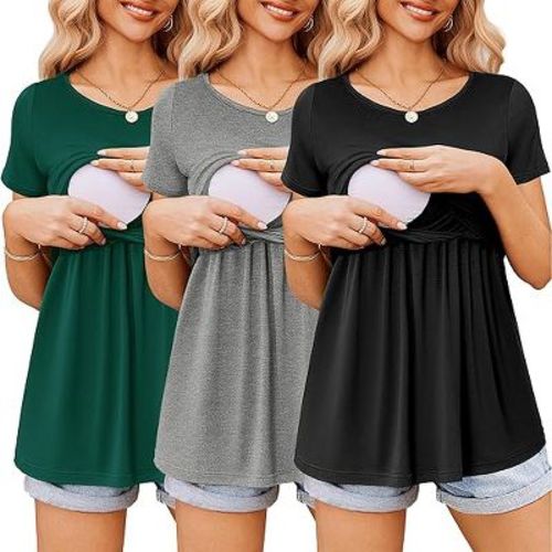 Ekouaer Womens Nursing Tops 3 Packs Short Sleeve Breastfeeding Shirts Double Layer Shirt Nursing Shirts Black Light Gray Deep Green M