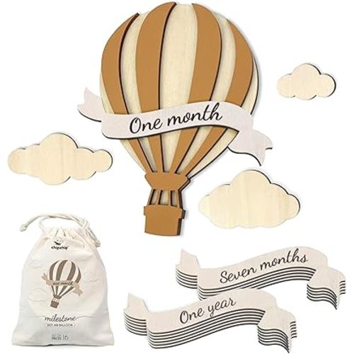 Baby Monthly Milestone Wooden Circles, Hello World Newborn Sign, Month Baby Milestone Signs for Newborn Photoshoot, Hot Air Balloon Edition Baby Monthly Milestone Wood Discs for Unisex Baby Boy & Girl
