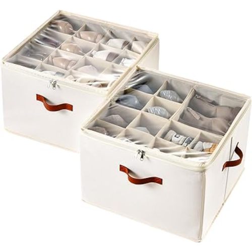 Shoe Organizer for Closet, 2 Pack Foldable Shoe Storage Containers, Fits up to 16-32 Pairs, Adjustable Dividers for Shoe Organizer, Fabric Shoe Storage Bins with Clear Cover, Beige