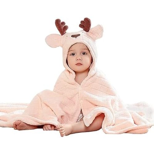 Pink Baby Hooded Towels Wrap for Boys Girls,Large Washcloths Absorbent Swimming Bathrobe,Ultra Soft Bath Towel for Babie(Deer 41×41 INCH)