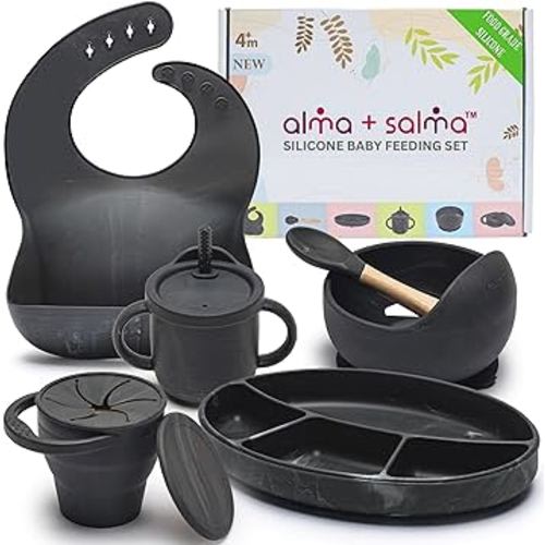 Silicone Baby Feeding Set, Baby Led Weaning Supplies, Suction Plate & Bowl, Spoon, Bib, Cup, Snack Cup, Baby Dishes (BLACK MARBLE)