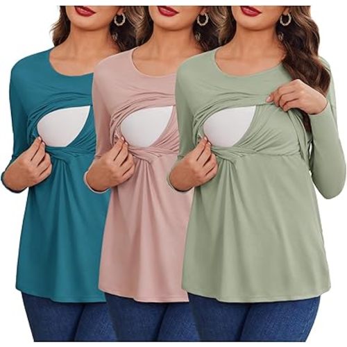 Ekouaer Women 3 Packs Nursing Shirts Long Sleeve Maternity Tops Double Layer Breastfeeding Tees Round Neck Pregnancy Blouse