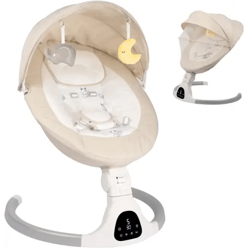 Baby Swing for Infants to Toddler Portable Babies Swing Timing Function 5 Swing Speeds Bluetooth Touch Screen Music Speaker with 10 Preset Lullabies 5-Point Carabiner (Ivory White)