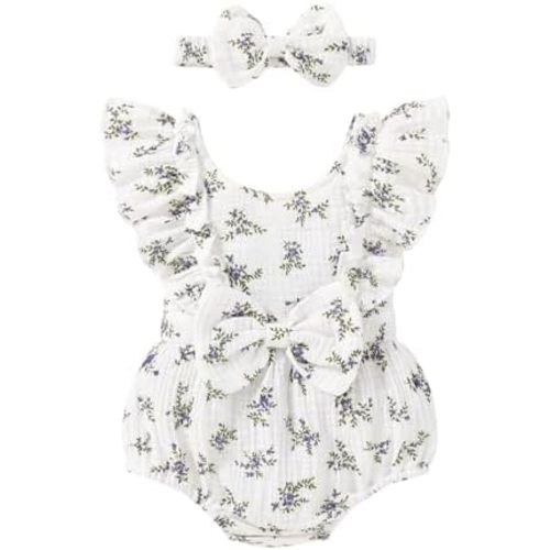 YOUNGER TREE Newborn Baby Girl Clothes Ruffle Sleeve Rompers Infant Backless Floral Jumpsuit Summer Outfits with Headband