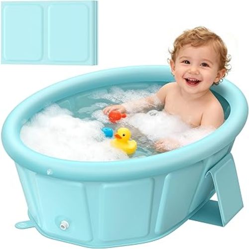 Baby Bathtub with Inflatable Top Edge, Extra Stable Infant Bath Tub, Collapsible & Portable for Baby Bath Time, No Tilt Design for 12M-6Y Toddler, No Assembly for Travel Shower