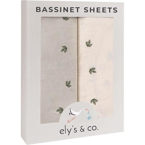 Ely’s & Co. Bassinet Sheets, Baby Boy/Girl Fitted Bassinet Mattress Sheet Set - 2 Pack, 100% Jersey Knit Cotton, fits Oval, Hourglass and Rectangle Mattress, Sage Vintage Leaf Collection, 32”x16”x3”