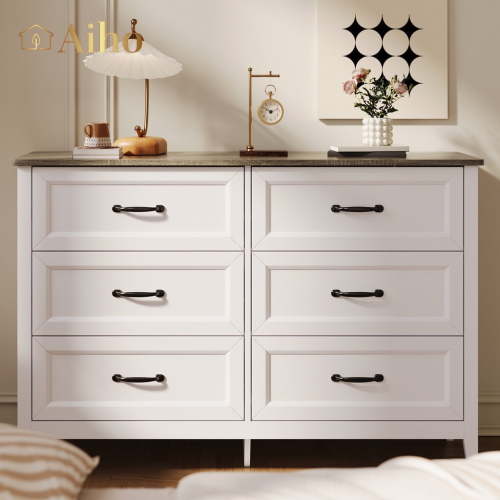 Aiho Farmhouse Dresser for Bedroom, 47.2" Wide 6 Drawer Dresser Storage Organizer, Wood Chest of Drawers for Bedroom, TV Stand for 50 inch TV, for Living Room, Hallway - Gray Desktop