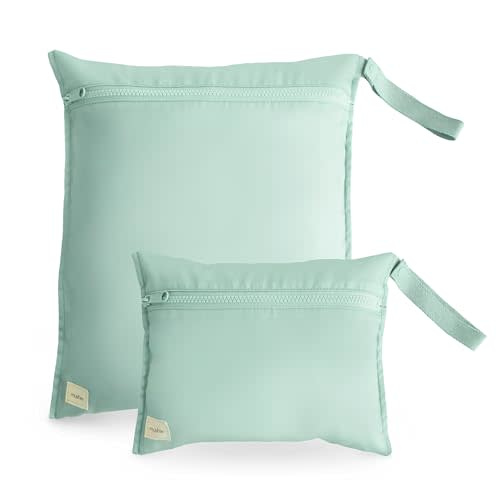 mushie Water Resistant Wet Bags | Large & Small Reusable Storage Bag for Baby Items and Travel | Zippered Pockets with Handle | Machine Washable, Set of 2 (Roman Green)