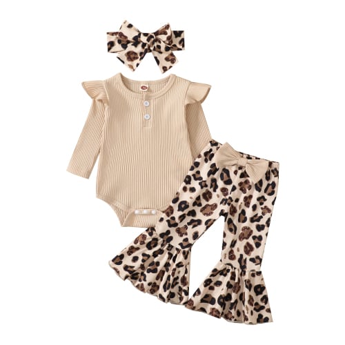 Lieserram Baby Girls Fall Jumpsuit Clothes, 3 6 9 12 Months Ribbed Fly Sleeve Romper + Leopard/Cow Flare Pants
