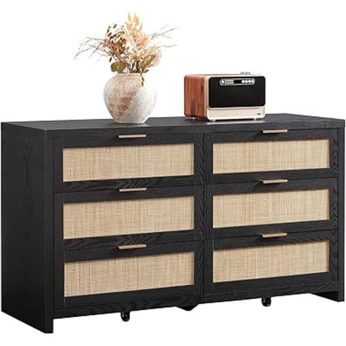 SICOTAS Rattan Dresser for Bedroom, 56.9" Wide 6 Drawer Dresser with Ample Storage, Wooden Dressers Large Chest of Drawers, Closet, Boho TV Stand for Bedroom (Black Oak, 1 Piece)