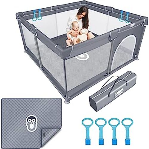 Baby Playpen for Babies and Toddlers with Mat, 50x50 inch Large Baby Playard No Gaps for Indoor & Outdoor, Playpen with Bag, with Playmat, Anti-Slip Base, Li'l Pengyu