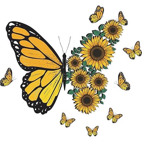 Large Butterfly Wall Decals, Sunflower Wall Stickers Yellow Butterfly Flower Wall Decal Murals Peel and Stick Wallpaper Art Decal for Nursery Bedroom Living Room Classroom