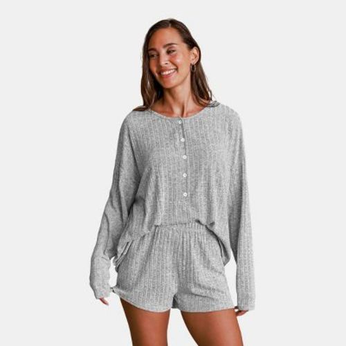 Women's Cozy Gray Ribbed Knit Loungewear Set - Cupshe-M-Gray