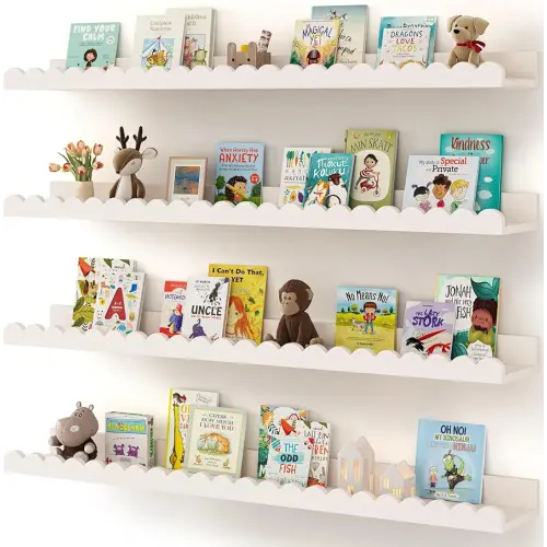 Shario Nursery Book Shelves, 4-Pack White Floating Shelves for Wall Kids, Scalloped Shelves, Wall Book Shelves for Bedroom Kids, Toddler Room, Baby Room, Nursery Decor (White, 36 Inches)