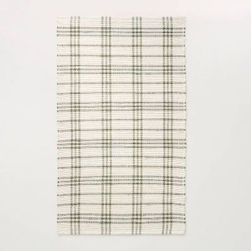 3’x5’ Tri-Stripe Plaid Handmade Woven Area Rug Green/Cream - Hearth & Hand™ with Magnolia: Farmhouse Style, Indoor Flatweave Rug