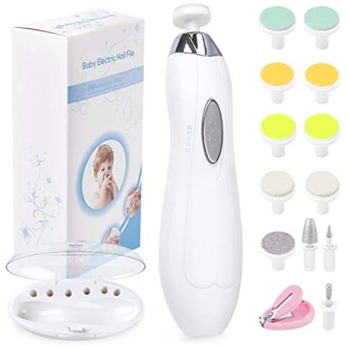 Baby Nail File Electric Nail Trimmer, Baby Nail Filer Kit with Nail Clippers, Toes Fingernails Care Trim Polish Grooming Safe for Infant Newborn Babies Toddler Kids or Women, 12 Grinding Heads