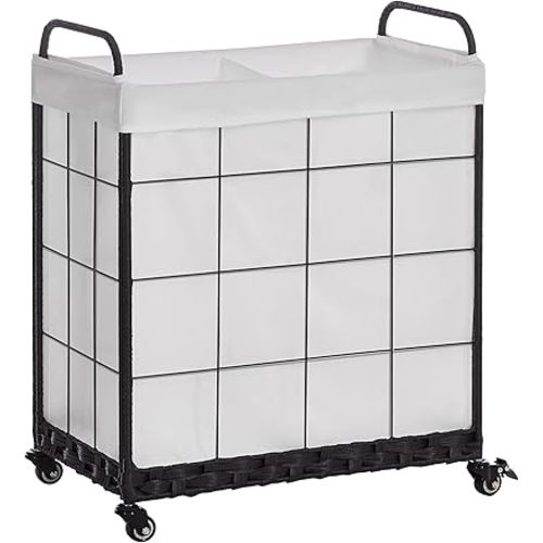 Hermina Laundry Hamper with Divided Liner Bag, White (23.4x14.2x29.1 inches, 29 Gallons, 55 lbs) - Removable, Collapsible, Rolling, Lockable Wheels, Metal Handle, Laundry Sorter