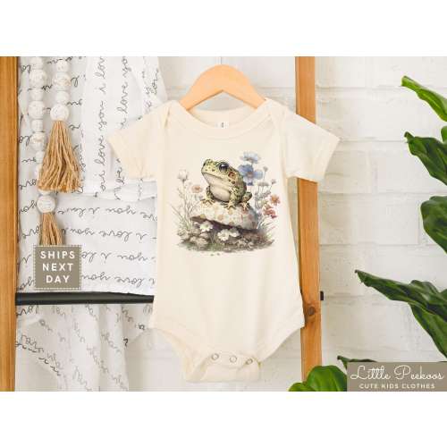 Cottage Core Natural Onesie®, Cute Frog on Mushroom Toddler Shirt, Floral Cottage Core Kids Shirt, Trendy Baby Announcement Baby Shower Gift