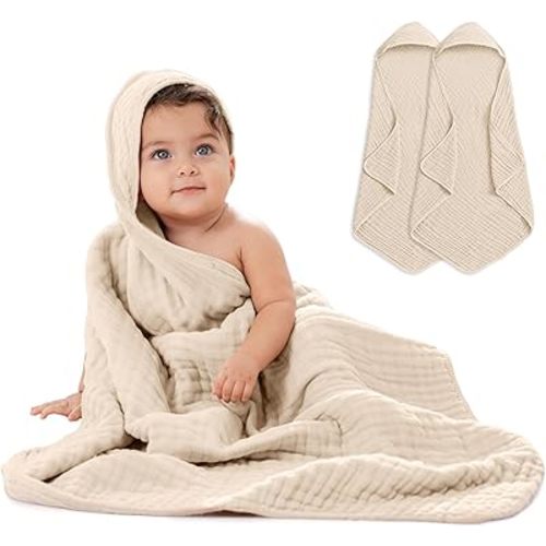 Comfy Cubs 2 Pack Baby Hooded 9 Layer Muslin Cotton Towel for Kids, Large 32” x 32”, Ultra Soft, Warm, and Absorbent. Baby Essentials Bath Towels, Cute Unisex Cover for Girls and Boys (2 Pack, Sand)