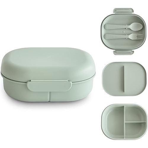 mushie Kids Bento Lunch Box | 3-Compartment & Removable Divider + Fork & Spoon Utensils | Great For Meals, School, Snacks On-the-Go | Dishwasher Safe (Sage)
