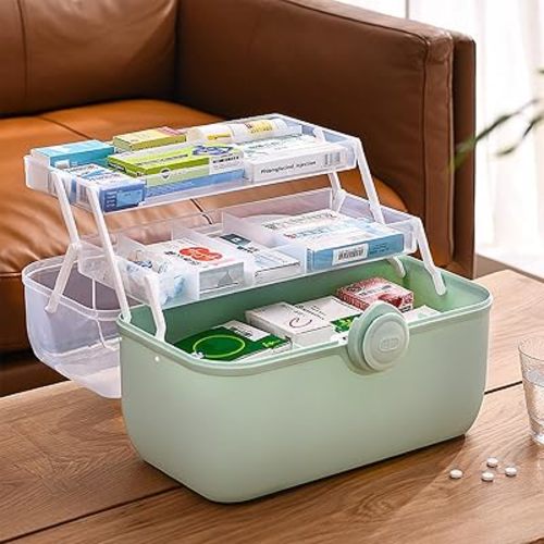 Plastic Medicine Cabinet Storage Box with Compartments and Lock, 3 Tier Clear Emergency First Aid Kit Organizer, Baby Medicine Pill Box(Green)