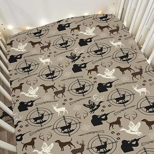 Hunting Deer Hunting Duck Baby Crib Sheets for Boy Girl 52x28Inch Dog Hunter Hunting Animals Soft Snug Fitted Crib Mattress Cover Elk Duck Hunter Baby Sheet for Standard Crib & Toddler Mattress Pad