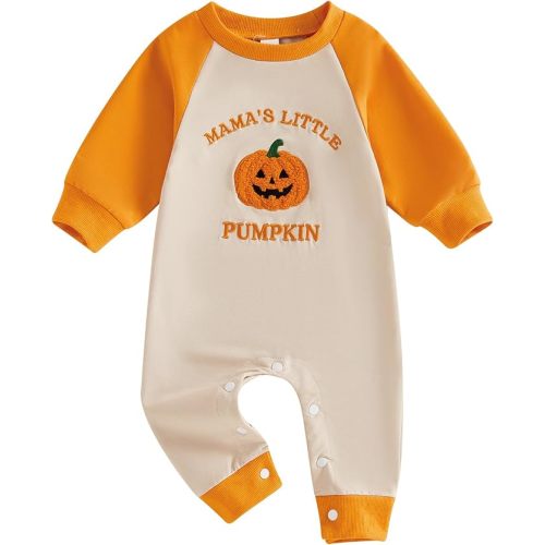 Newborn Baby Boy Halloween Outfit Long Sleeve Romper 0-18M | My First Halloween Baby Boy Outfit, Pumpkin/Spider Embroidery Jumpsuit, Snap Crotch Design, Toddler Trick-or-Treating Outfit