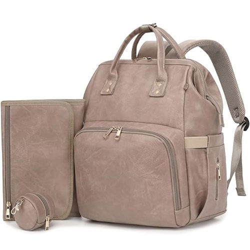 Premium Vegan Leather Diaper Bag Backpack with Waterproof Changing Pad – Reinforced Stitching & Zippers, Baby Bag for Boy Girl, Stroller Straps, Ergonomic Design for Traveling Moms, Taupe
