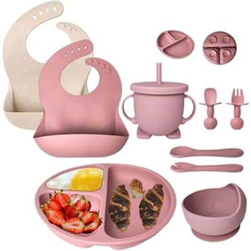 10 Pcs Baby Utensils – Silicone Baby Spoons and Forks for Self Feeding – Suction Plate - Anti-Choke Baby Feeding Supplies – Baby Led Weaning Set with 2 Bibs – Great Gift Set (Pink)