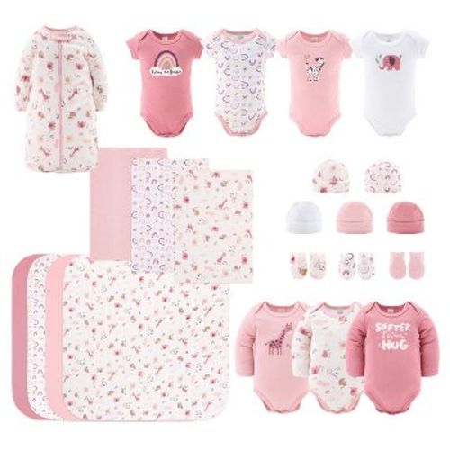 The Peanutshell Rainbow Safari 23-piece Layette Gift Set In Pink/white 0-3 Months, 0-3 Months