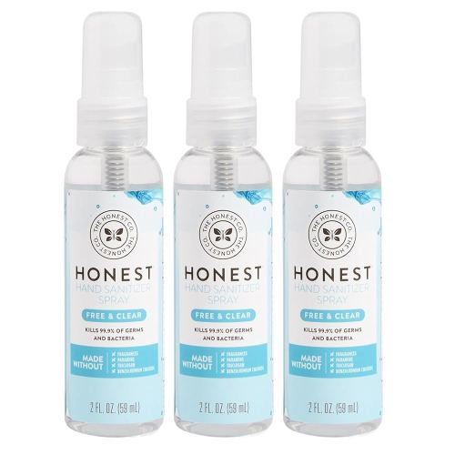 The Honest Company Plant-Based Hand Sanitizer Spray | Kills 99.9% of Germs | Hypoallergenic, Quick-drying + Moisturizing | Fragrance Free, 2 fl oz each (pack of 3)