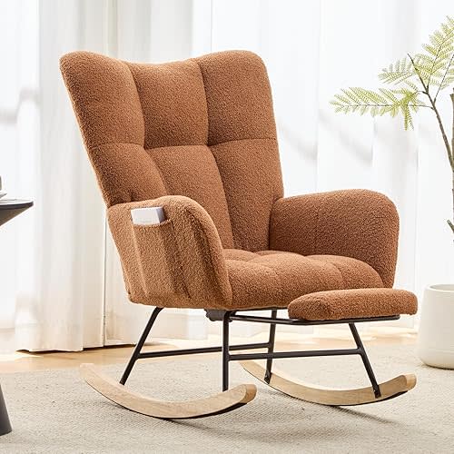 Nursery Rocking Chair Teddy Upholstered Glider Rocker with Footrest Accent Chair with High Backrest Armchair Comfy Side Pocket Chair for Living Room, Bedroom, Offices (Large Brown)