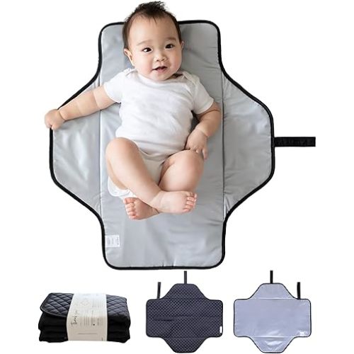 Lily Miles Baby Changing Pad Portable, Diaper Changing Mat with Magnetic Latches, Travel Pad for Diaper Bag, Baby Essentials, Wipeable & Waterproof Mat (Black Twill, Large)