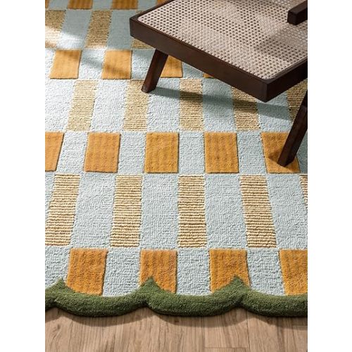Checkered Hand-Tufted 100% Wool Area Rug - 5x7 Ft, Rectangular Light Blue Base with Mustard and Beige Blocks, Olive Green Scalloped Edge, Cotton Backing Plush Carpet for Bedroom & Nursery
