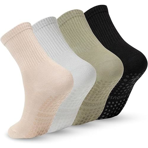 Pilates Yoga Socks with Grips for Women - Crew Length Ballet Barre Socks - Sticky Workout Hospital Socks