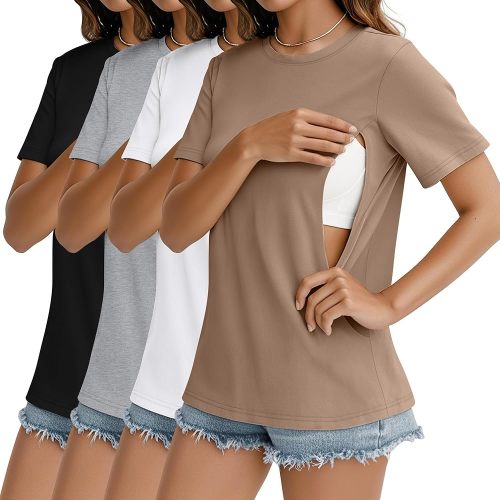 4 Pack Women's Nursing Breastfeeding Shirts with Zipper Cotton Loose Fit Short Sleeve Maternity Top Nursing Clothes