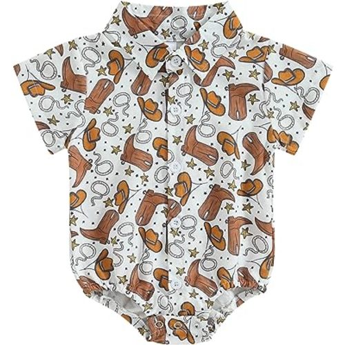 Western Baby Boy Button Up Bodysuit Shirt Clothes Cow Print Lapel Country Cowboy Dress Shirt Gentlemen Romper Tops