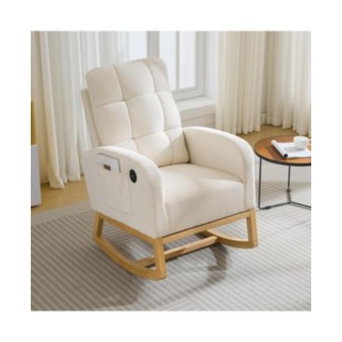 Linen Nursery Rocking Chair with USB Port and Side Pocket