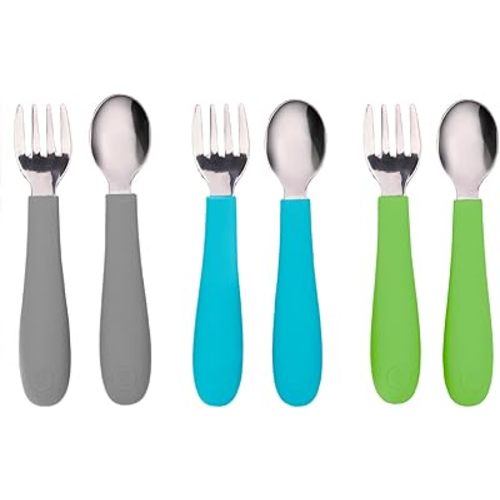 WeeSprout Toddler Utensils, 3 Forks & 3 Spoons, 18/8 Stainless Steel & Food Grade Silicone, Thick Easy-Grip Handles, Perfect Length For New Self Feeders, Gentle On Gums & Teeth, Dishwasher Safe