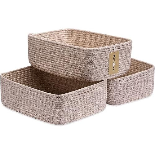 MiniArk Large Shallow Organizing Baskets 15x11x5.1 Inches - Rope Woven Storage Bins for Bathroom, Shelves, Cube Closet, Mixed Brown 3 Packs