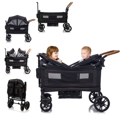 Wagon Stroller for 2 kids & Cargo,Lightweight Double Stroller  Push-Pull Stroller Folding Stroller for Newborn&Toddler with 5-Point Harness,Adjustable Handle Bar and Canopy,Tray Table,Cup Holde