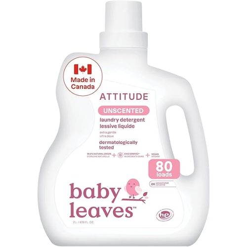 ATTITUDE Baby Laundry Detergent Liquid, Made in Canada, EWG Verified, Safe for Baby Clothes, Infant and Newborn, Vegan and Naturally Derived Washing Soap, HE Compatible, Unscented, 80 Loads, 2 Liters
